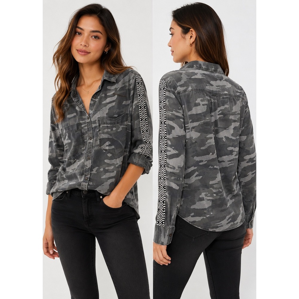 Express Boyfriend Shirt Women XL Gray Camo Embroider Sleeve military utility Y2K